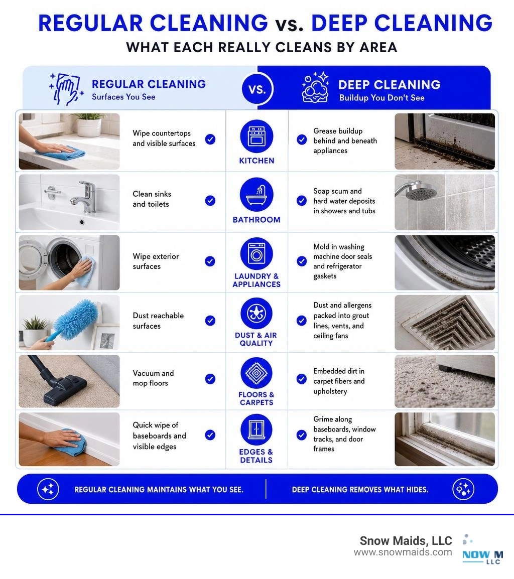 Infographic comparing surface-level regular cleaning tasks vs. deep cleaning buildup removal by area infographic Infographic comparing surface-level regular cleaning tasks vs. deep cleaning buildup removal by area infographic