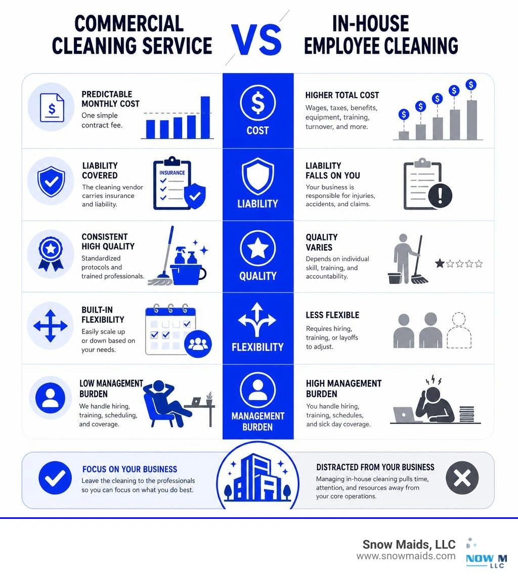 Infographic comparing commercial cleaning service vs in-house employee cleaning across cost, liability, quality, and