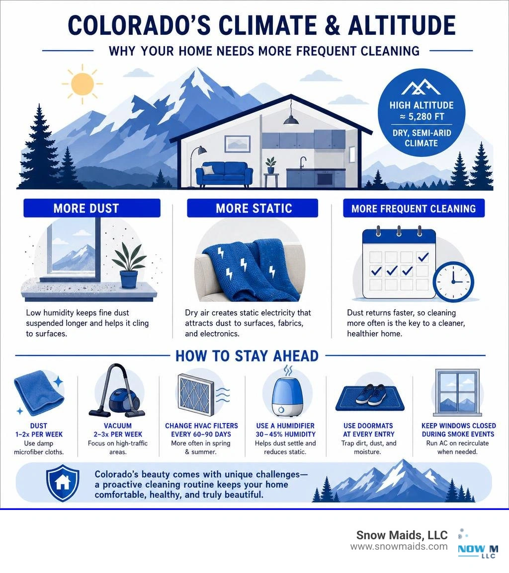 Infographic showing how Colorado's dry climate and altitude affect indoor dust, static, and cleaning frequency infographic