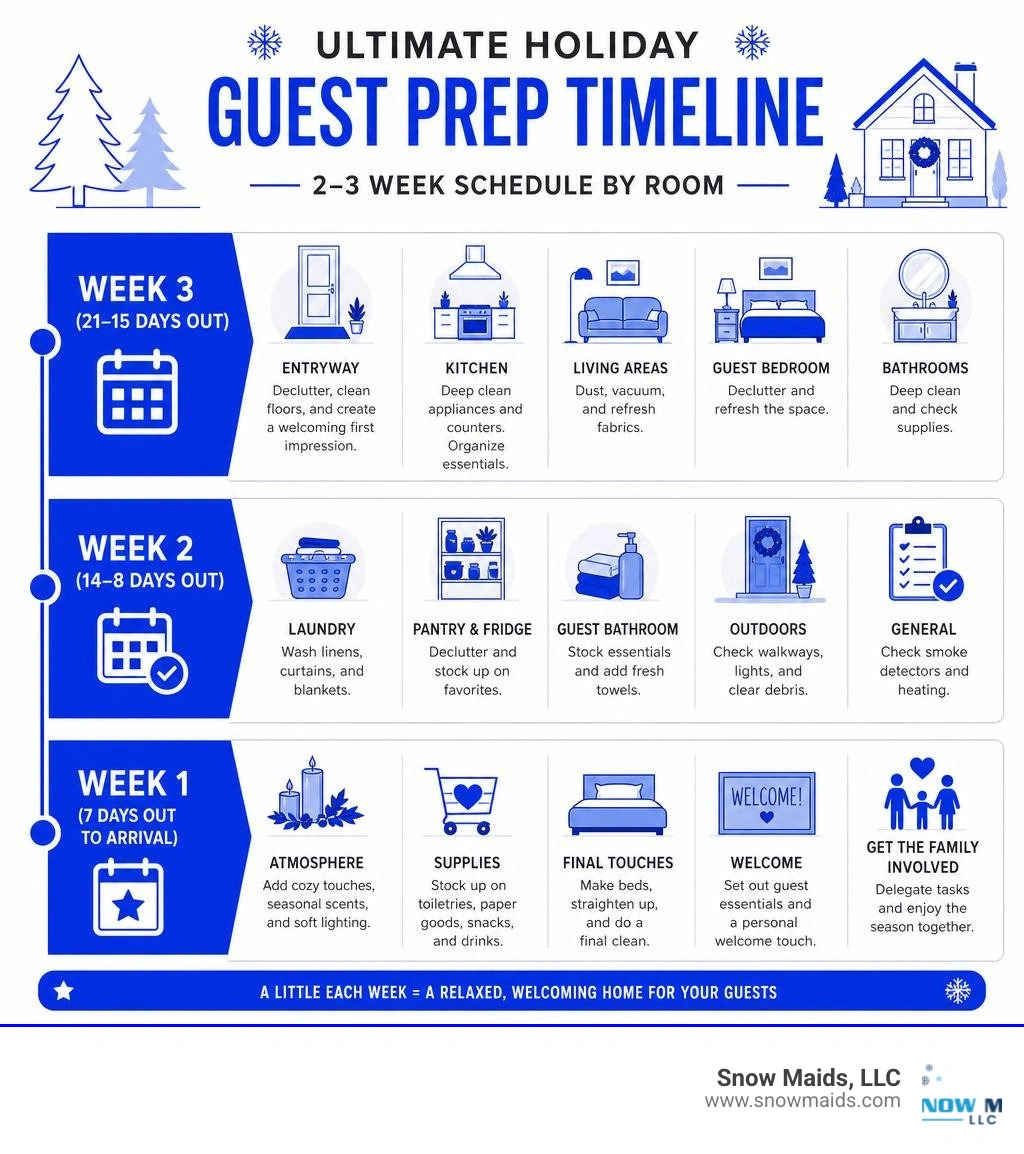 Ultimate holiday guest prep timeline infographic showing a 2-3 week schedule by room infographic