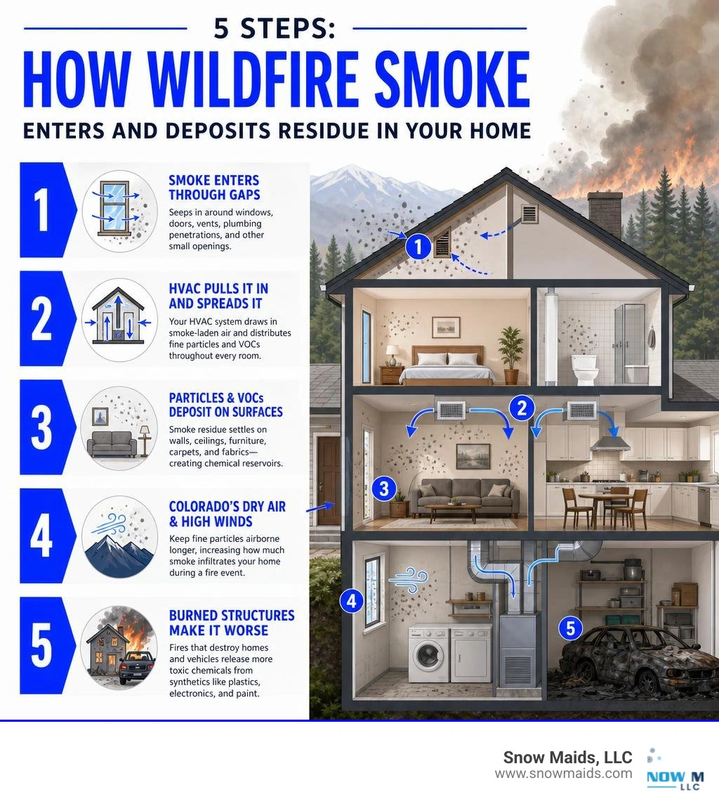 Infographic showing 5 steps of how wildfire smoke enters and deposits residue inside a Colorado home infographic