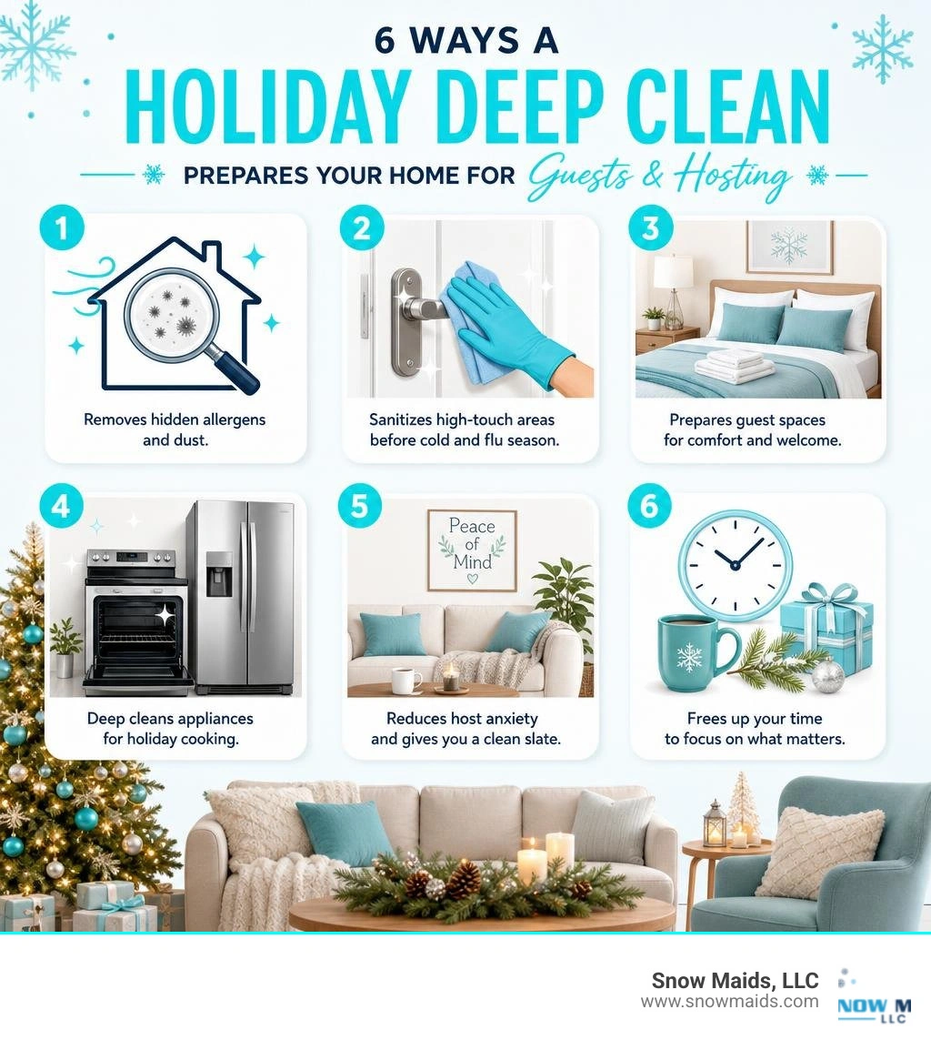 Infographic showing 6 ways a holiday deep clean prepares your home for guests and hosting infographic Infographic showing 6 ways a holiday deep clean prepares your home for guests and hosting infographic