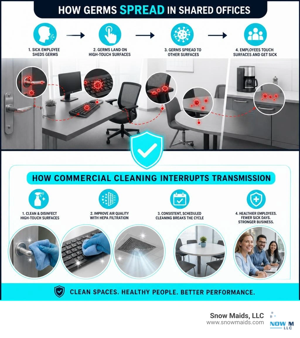 Infographic showing how germs spread in shared offices and how commercial cleaning interrupts transmission infographic Infographic showing how germs spread in shared offices and how commercial cleaning interrupts transmission infographic
