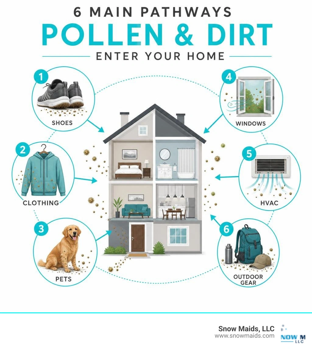 Infographic showing 6 main pathways outdoor pollen and dirt enter a home: shoes, clothing, pets, windows, HVAC, and outdoor