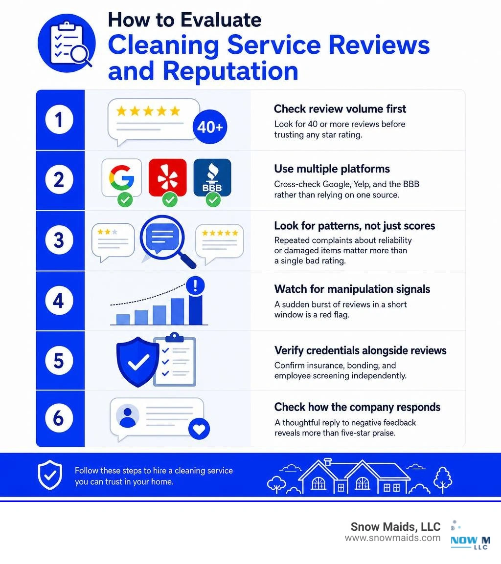 Step-by-step infographic showing how to evaluate cleaning service reviews and reputation infographic Step-by-step infographic showing how to evaluate cleaning service reviews and reputation infographic