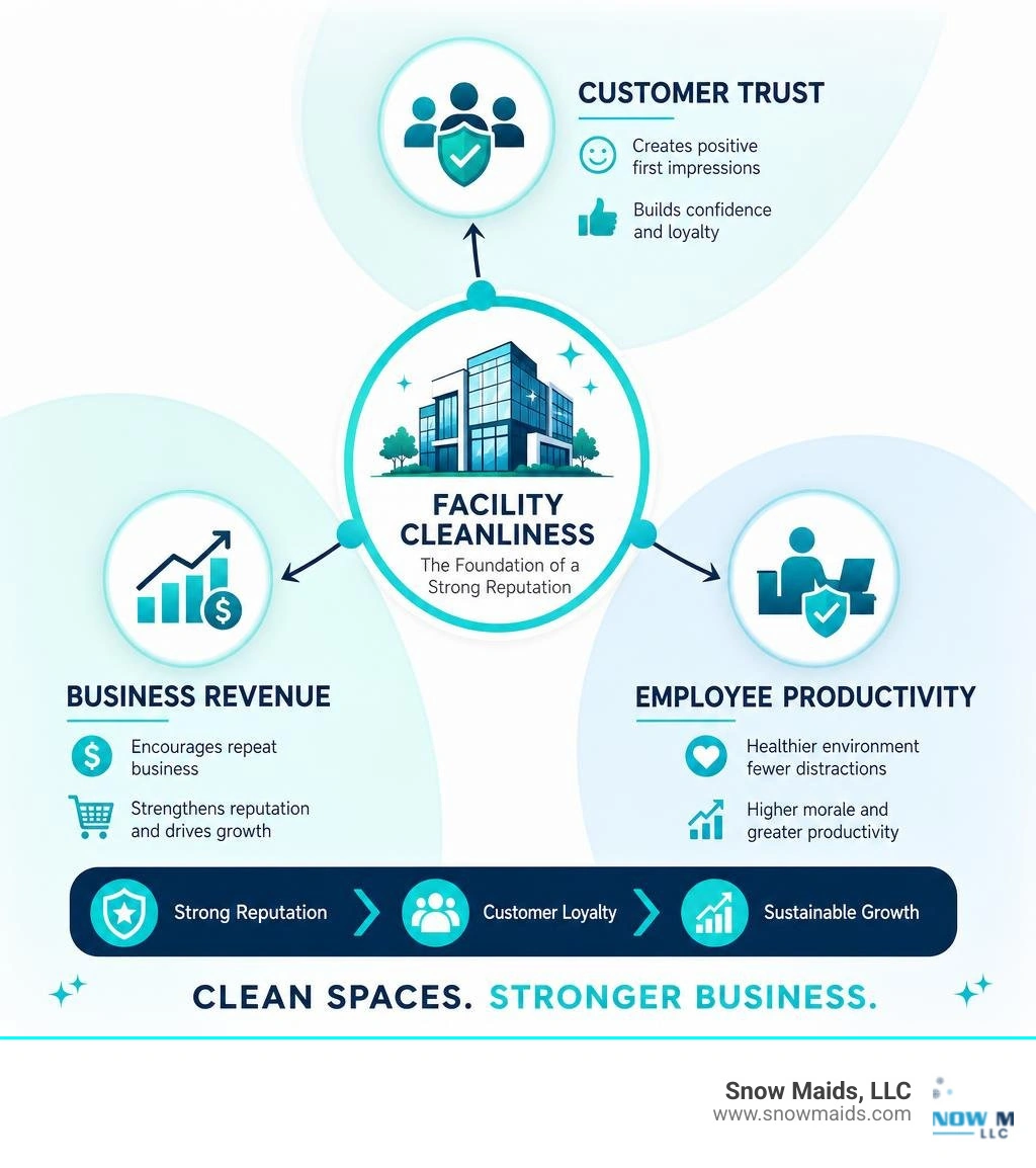 infographic showing connection between facility cleanliness and business revenue customer trust and employee productivity infographic showing connection between facility cleanliness and business revenue customer trust and employee productivity