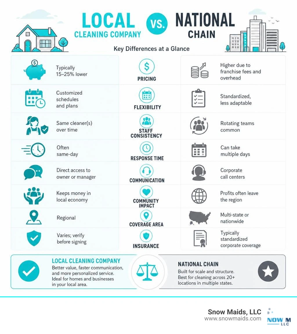 Infographic comparing local cleaning companies vs national chains across key factors infographic Infographic comparing local cleaning companies vs national chains across key factors infographic