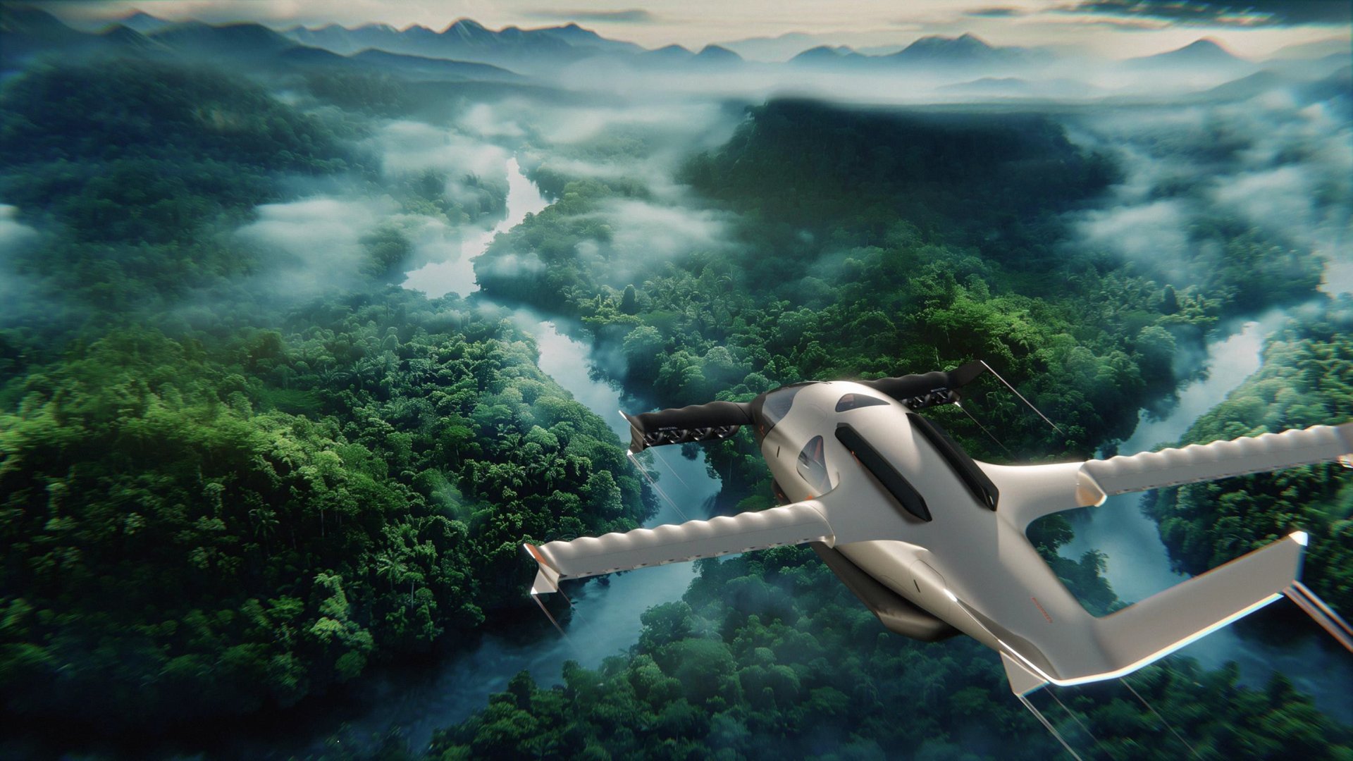 Stellar hydrogen-electric aircraft flying above a river winding through dense rainforest
