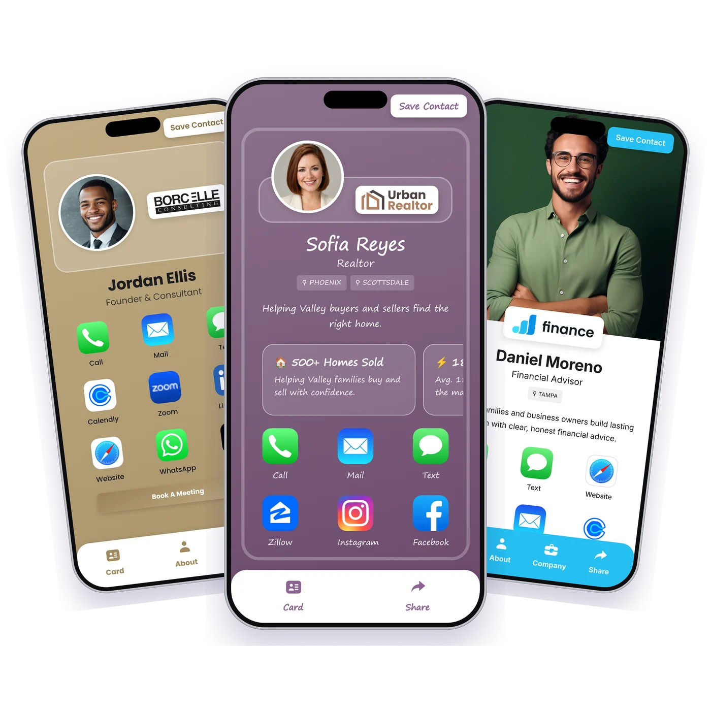 Three ProfileNest digital business card profiles for a founder, a realtor and a financial advisor