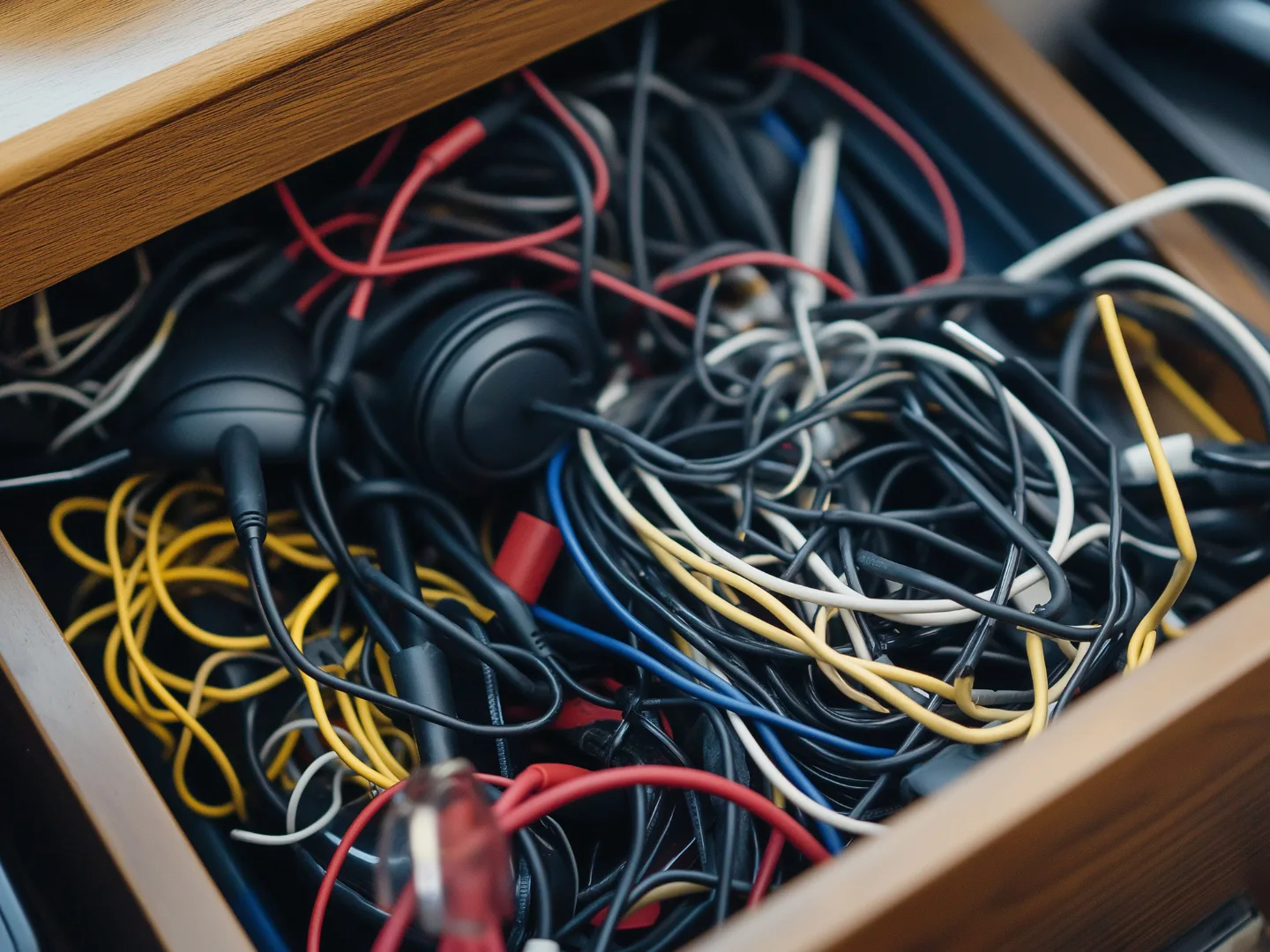 Open wooden drawer containing a disorganized mix of tangled wires, cords, and earbuds in various colors.