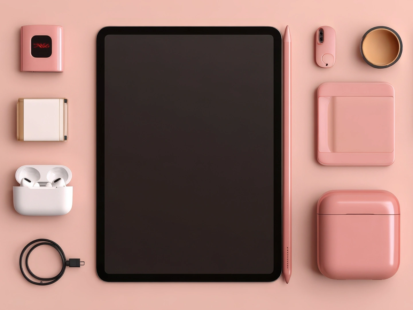 Tablet with stylus surrounded by neatly arranged pink and white tech accessories, including chargers, earbuds, and cables, on a pink background.