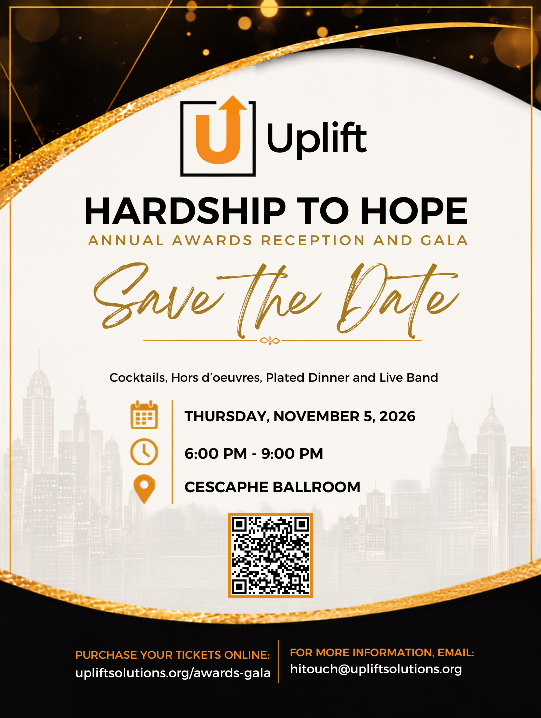 Save the Date - Hardship to Hope Gala, Thursday November 5, 2026, Cescaphe Ballroom, Philadelphia