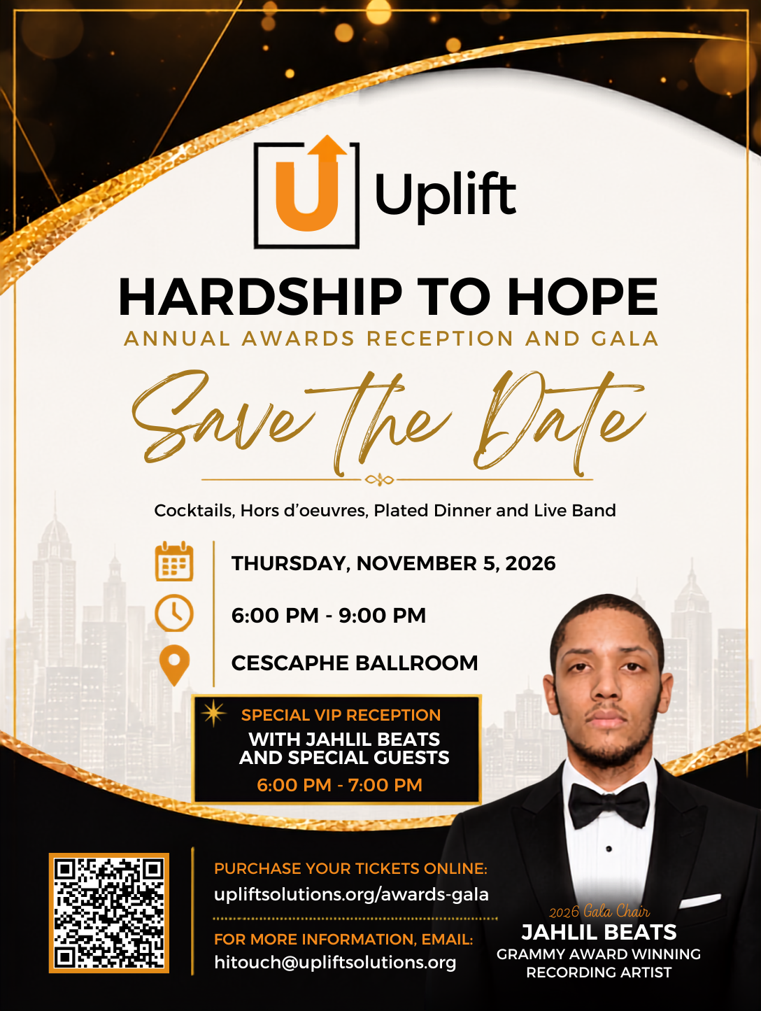 Save the Date - Hardship to Hope Gala, Thursday November 5, 2026, Cescaphe Ballroom