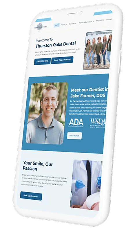 A cell phone with a dentist website on the screen.