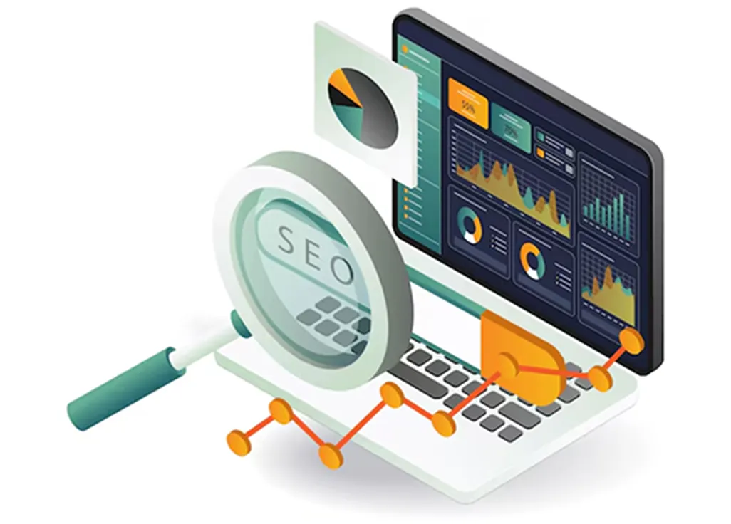 A laptop with a magnifying glass on top of it.