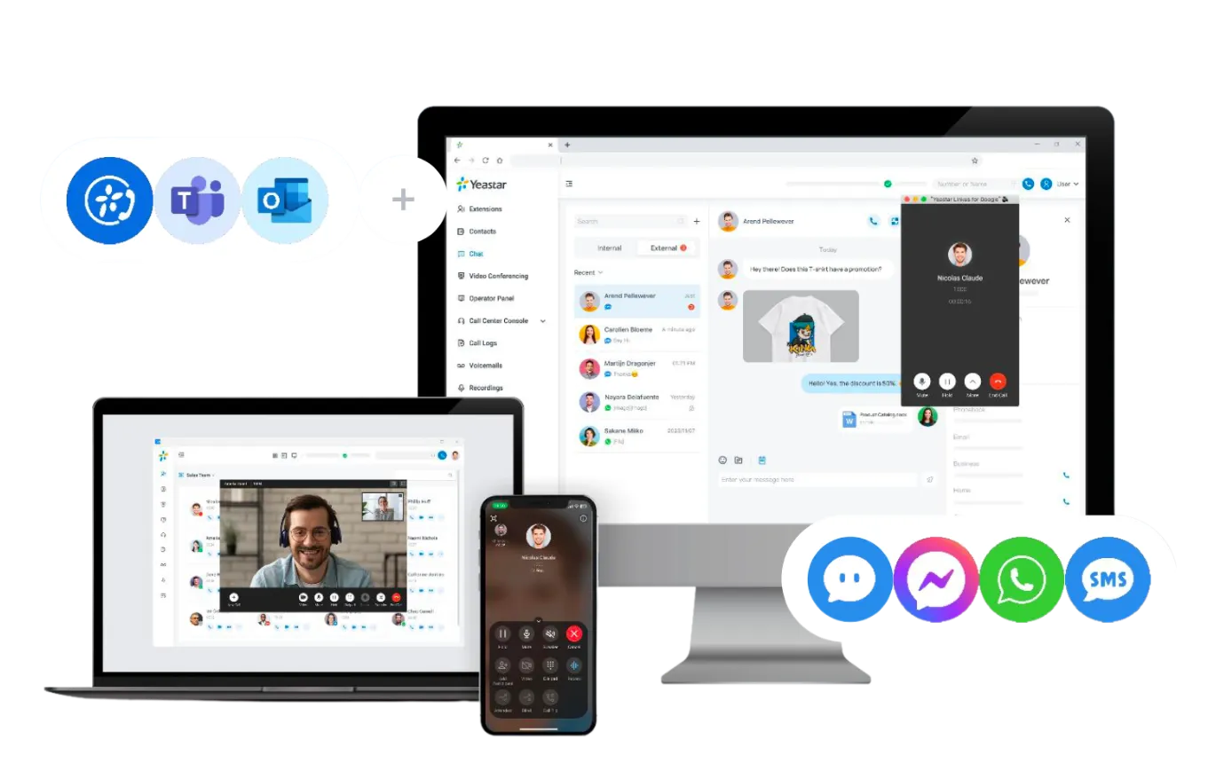 Microsoft 365 & Teams-Integration mit Taxcall – zentrale Kommunikation auf Desktop, Laptop und Smartphone inklusive Outlook, Teams und Chatkanälen.