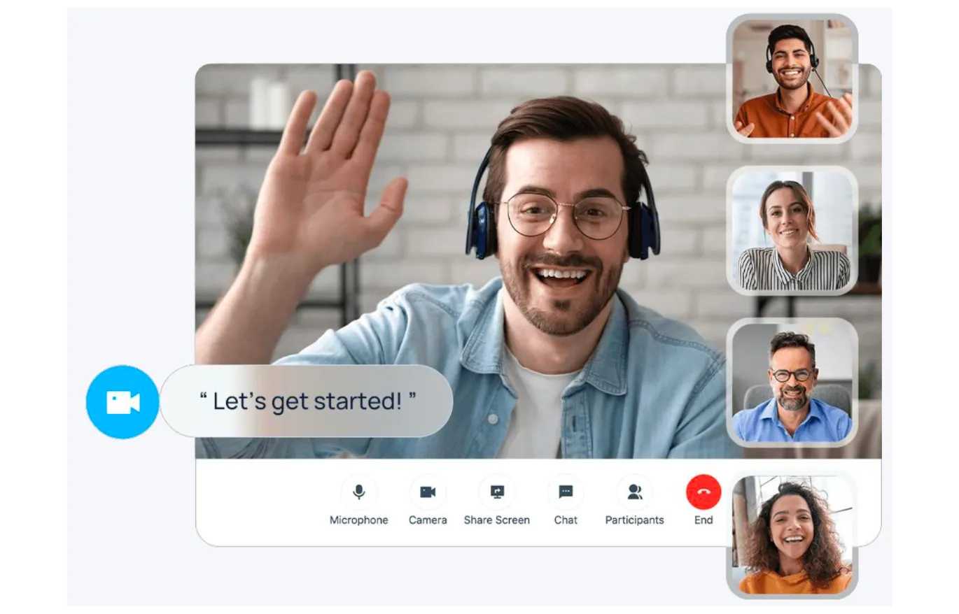 Videokonferenz mit fünf Teilnehmern in benutzerfreundlicher VoIP-Oberfläche – ideal für Kanzlei-Kommunikation.