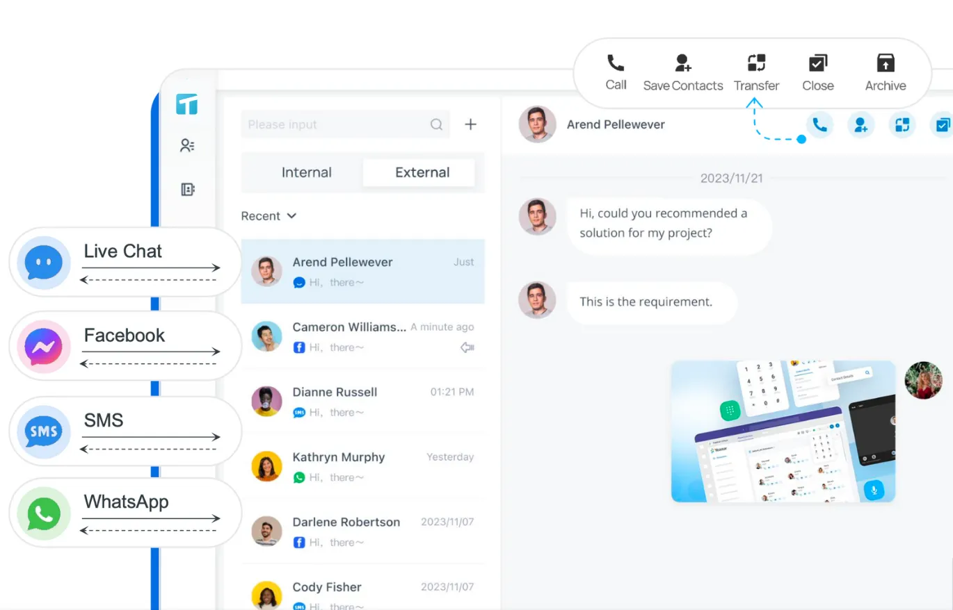 Taxcall-Benutzeroberfläche mit zentraler Verwaltung von WhatsApp, Facebook Messenger, Website-Chat und SMS – für nahtloses Omnichannel-Messaging in Kanzleien.