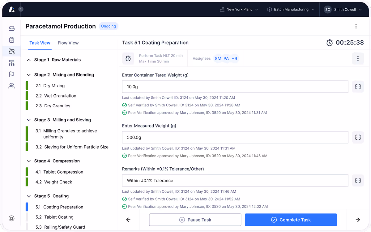 Leucine’s Batch Execution showing step-by-step tasks, material verification, and compliance checks