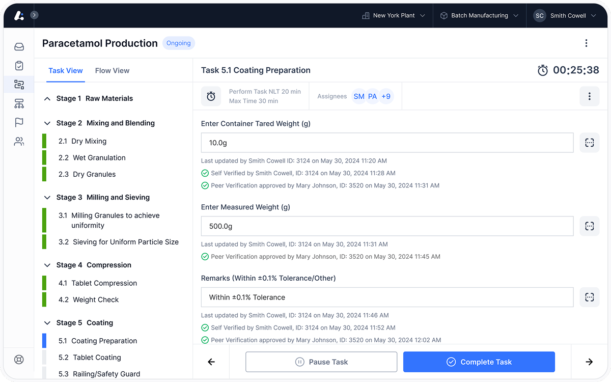 Leucine’s Batch Execution showing step-by-step tasks, material verification, and compliance checks