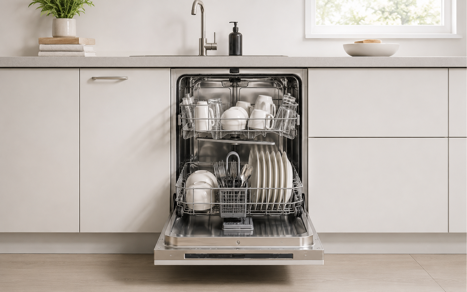 Open vaatwasser in een moderne keuken