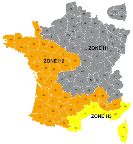 Les 3 zones climatique en France H1, H2, H3
