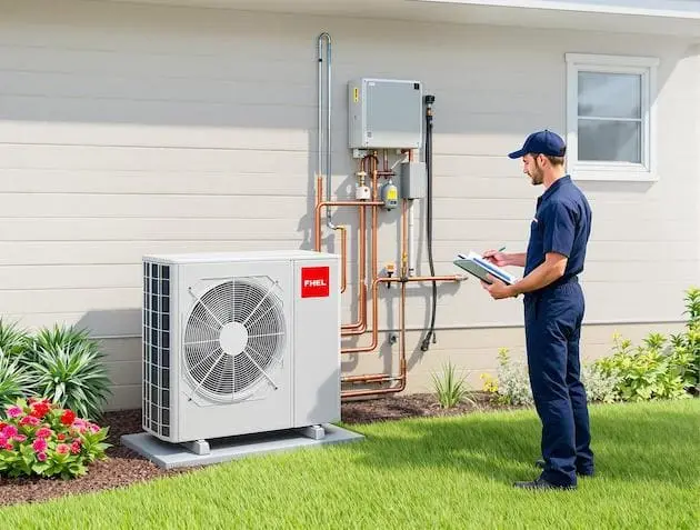 Technicien effectuant la maintenance d’une pompe à chaleur (PAC) à l’extérieur d’une maison, illustrant l’entretien régulier pour éviter les pannes