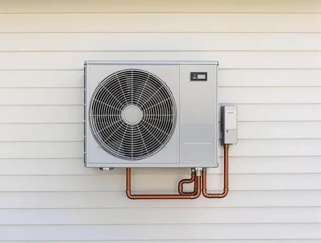 Pompe à chaleur air/eau installée sur le mur extérieur d'une maison moderne, montrant l'unité extérieure avec ventilateur et raccordements