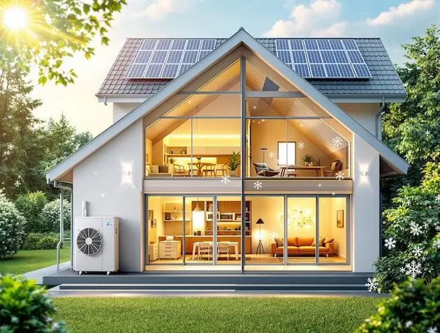 Maison moderne équipée d'une pompe à chaleur, de panneaux solaires et de fenêtres double vitrage, illustrant les solutions de chauffage écologique et économe en énergie.