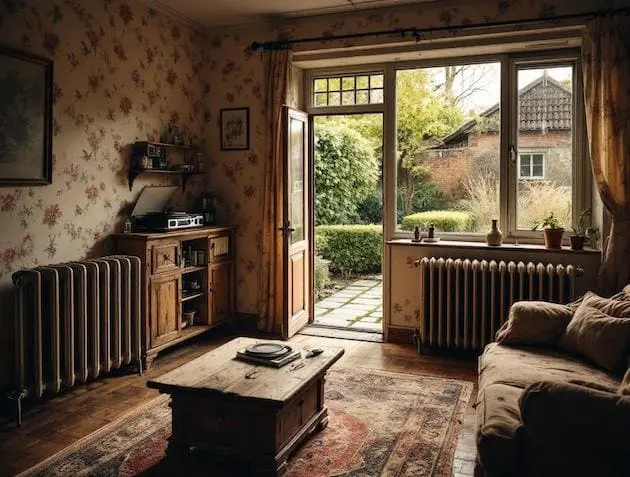 Intérieur d'une maison des années 80 avec radiateurs en fonte, papier peint vintage et mobilier ancien, illustrant un système de chauffage obsolète à moderniser.