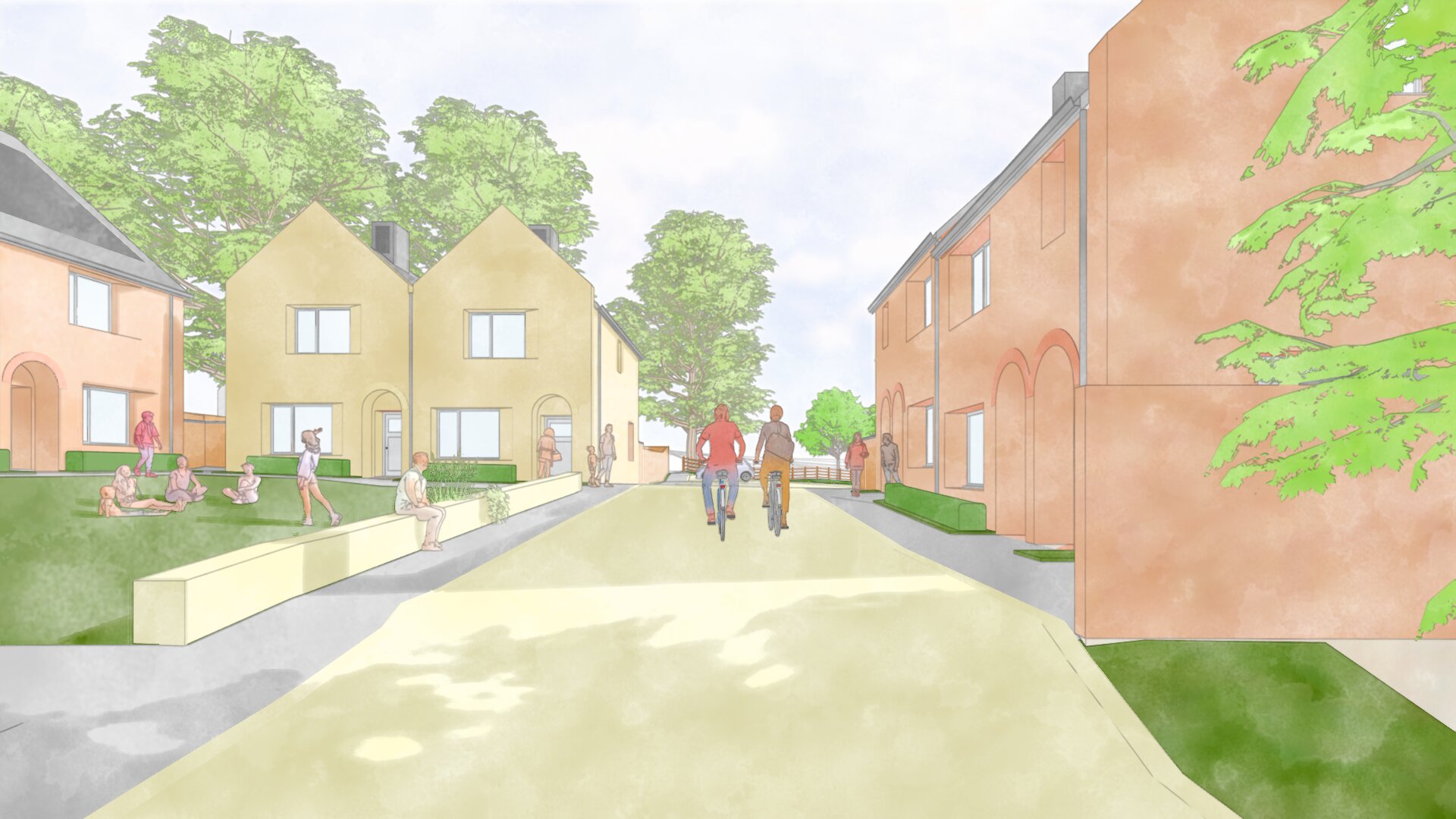 Hand drawn perspective through the buildings