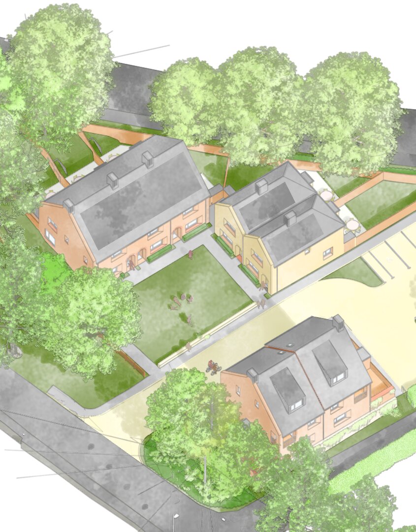 3D arial illustration of housing cluster.