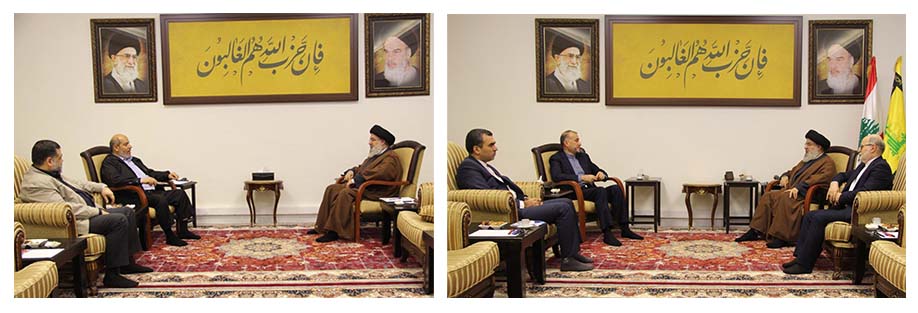 A gauche, Hassan Nasrallah, le chef du Hezbollah, reçoit 2 membres du Hamas, le chef adjoint du Hamas à Gaza, Khalil Al-Hayya, et le commandant du Hamas au Liban, Osama Hamdam (22 nov.2023) ; à droite, Nasrallah reçoit le ministre des Affaires étrangères d'Iran (22 nov.2023)