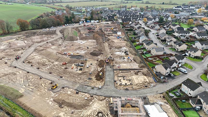 Aerial view of Nicol of Skene’s Bonnyton Farm residential development in Pitmedden, Aberdeenshire, showing ongoing earthworks and infrastructure works for the 64-plot site.