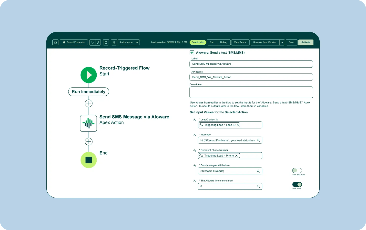 Salesforce flow interface showing record-triggered flow with Send SMS via Aloware Apex Action setup.