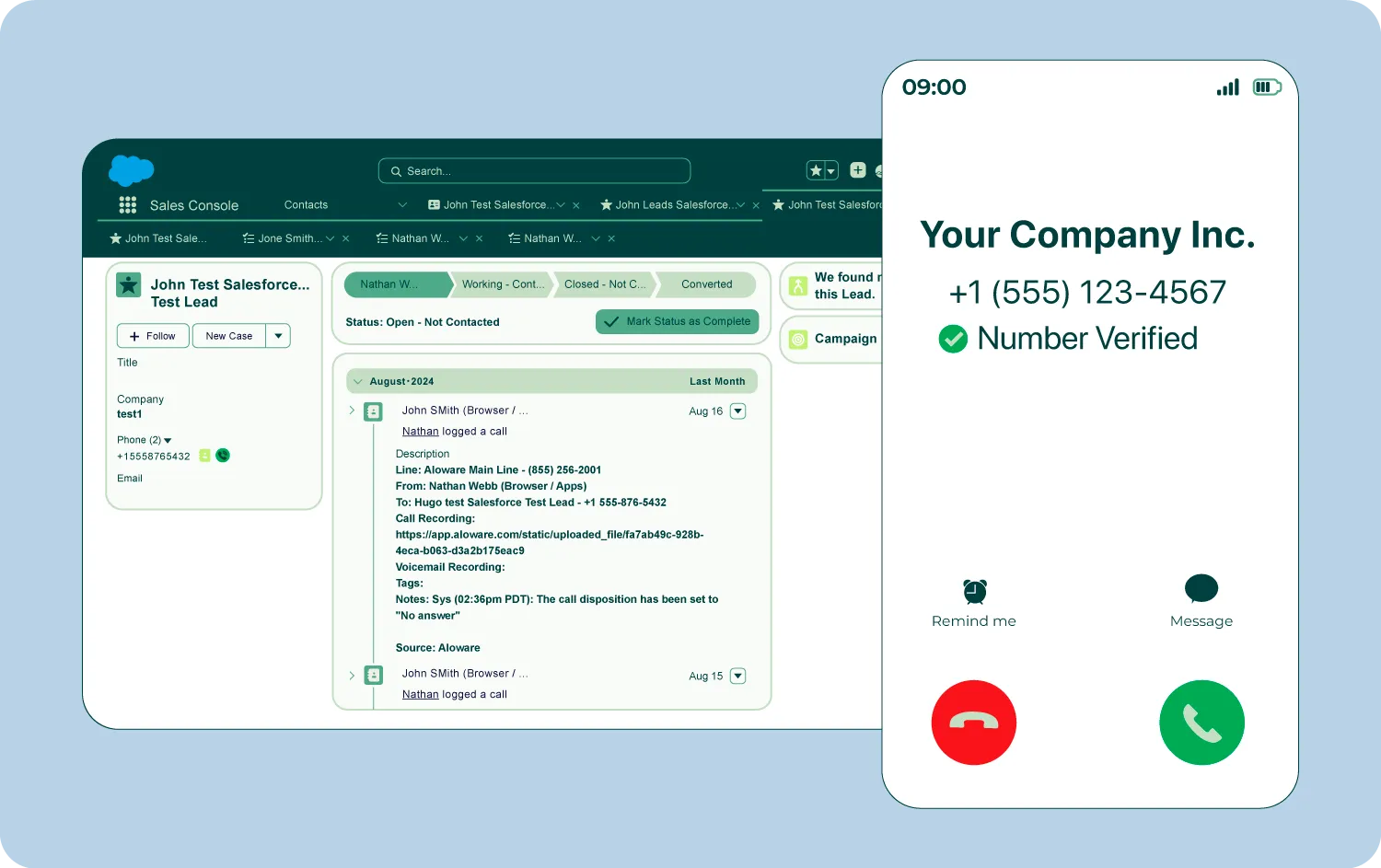 Salesforce Sales Console interface showing lead details and a mobile phone screen with a verified call from Your Company Inc.