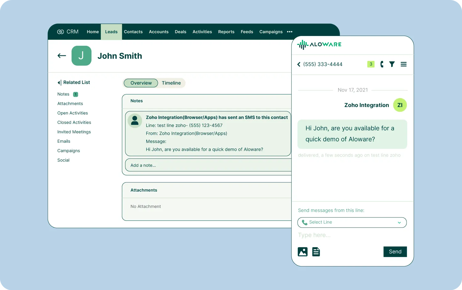 CRM screen showing lead John Smith with a Zoho integration SMS conversation about an Aloware demo.