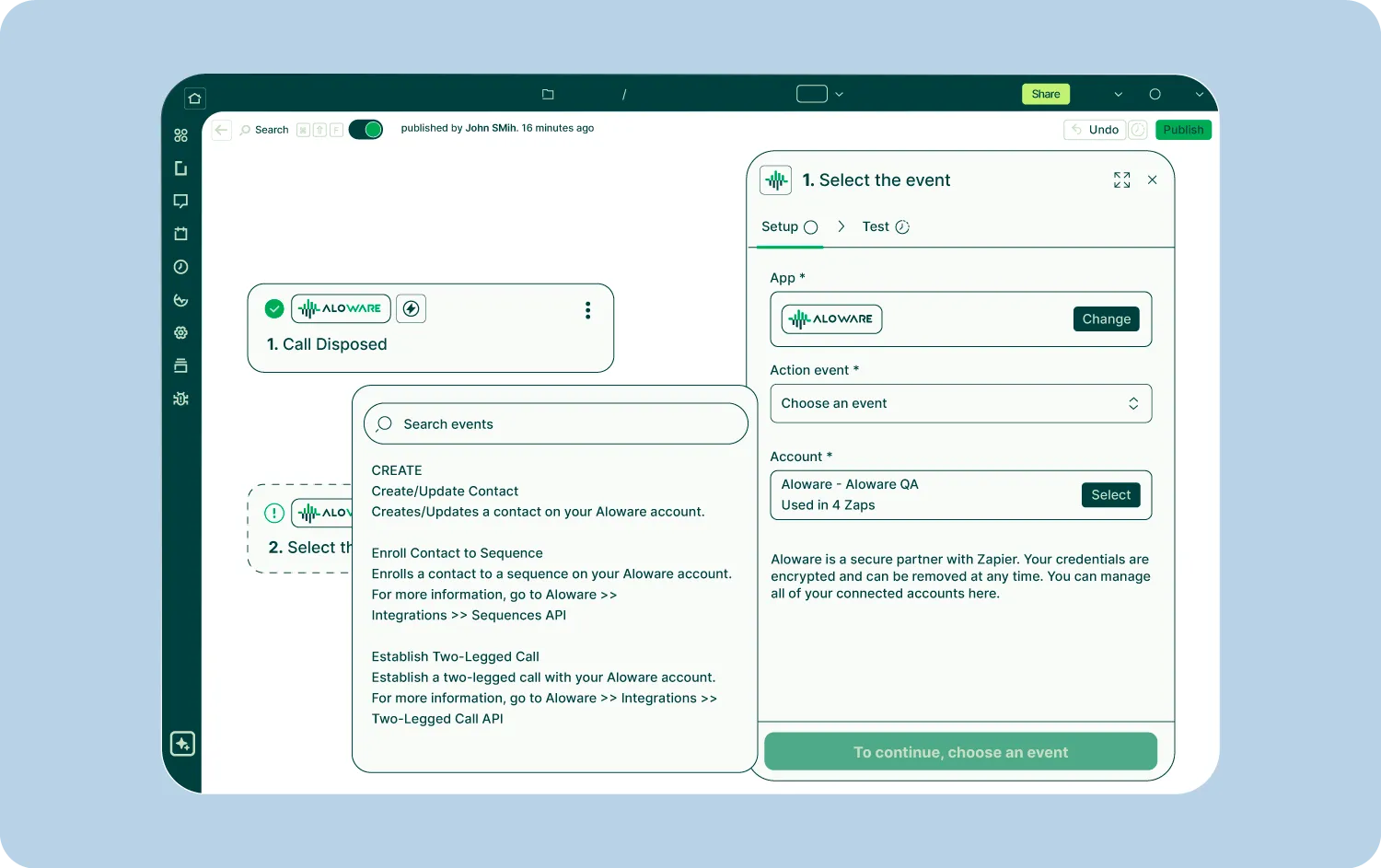 Zapier interface showing Aloware app event selection and account setup for call automation.