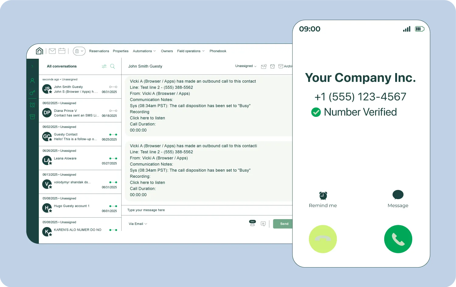 Desktop chat interface with call logs and mobile screen showing a verified company phone number incoming call.