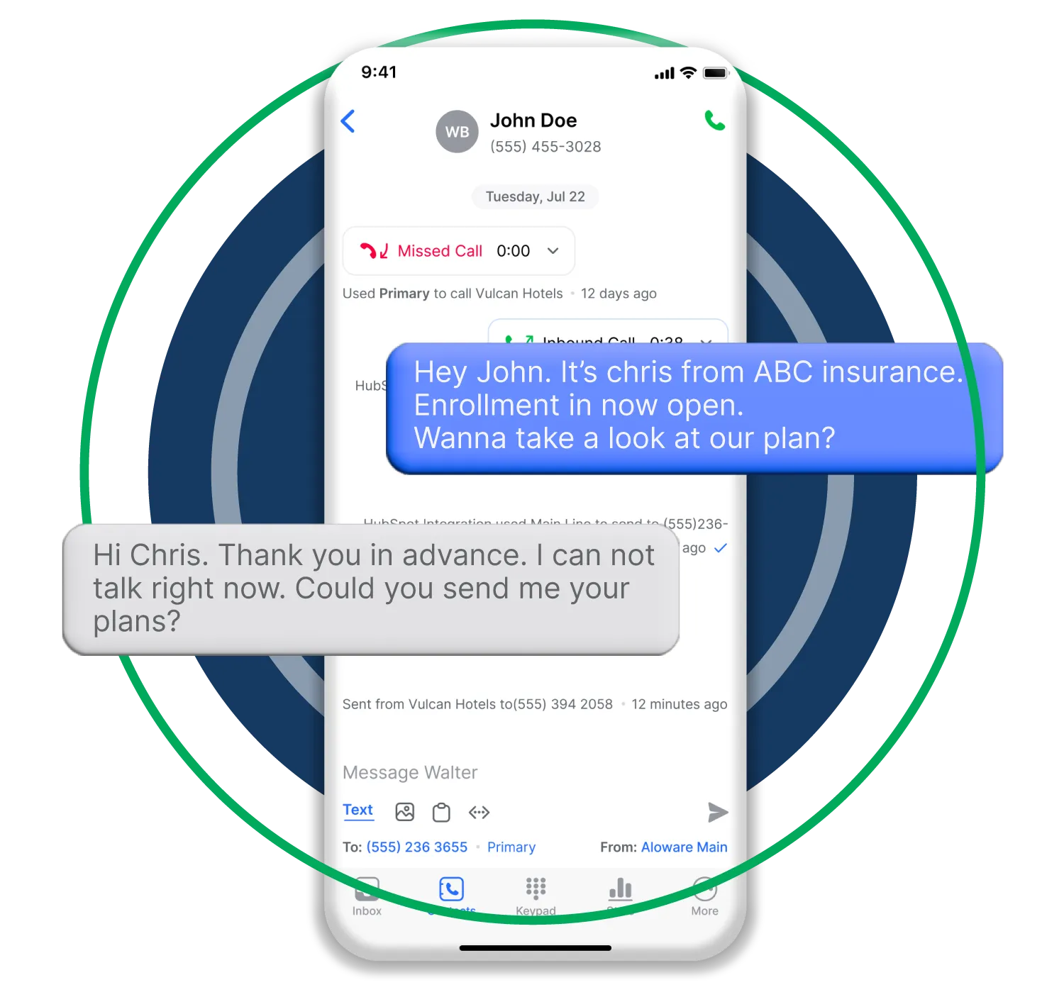 Phone screen showing text messages about insurance enrollment and a request to send plan details.