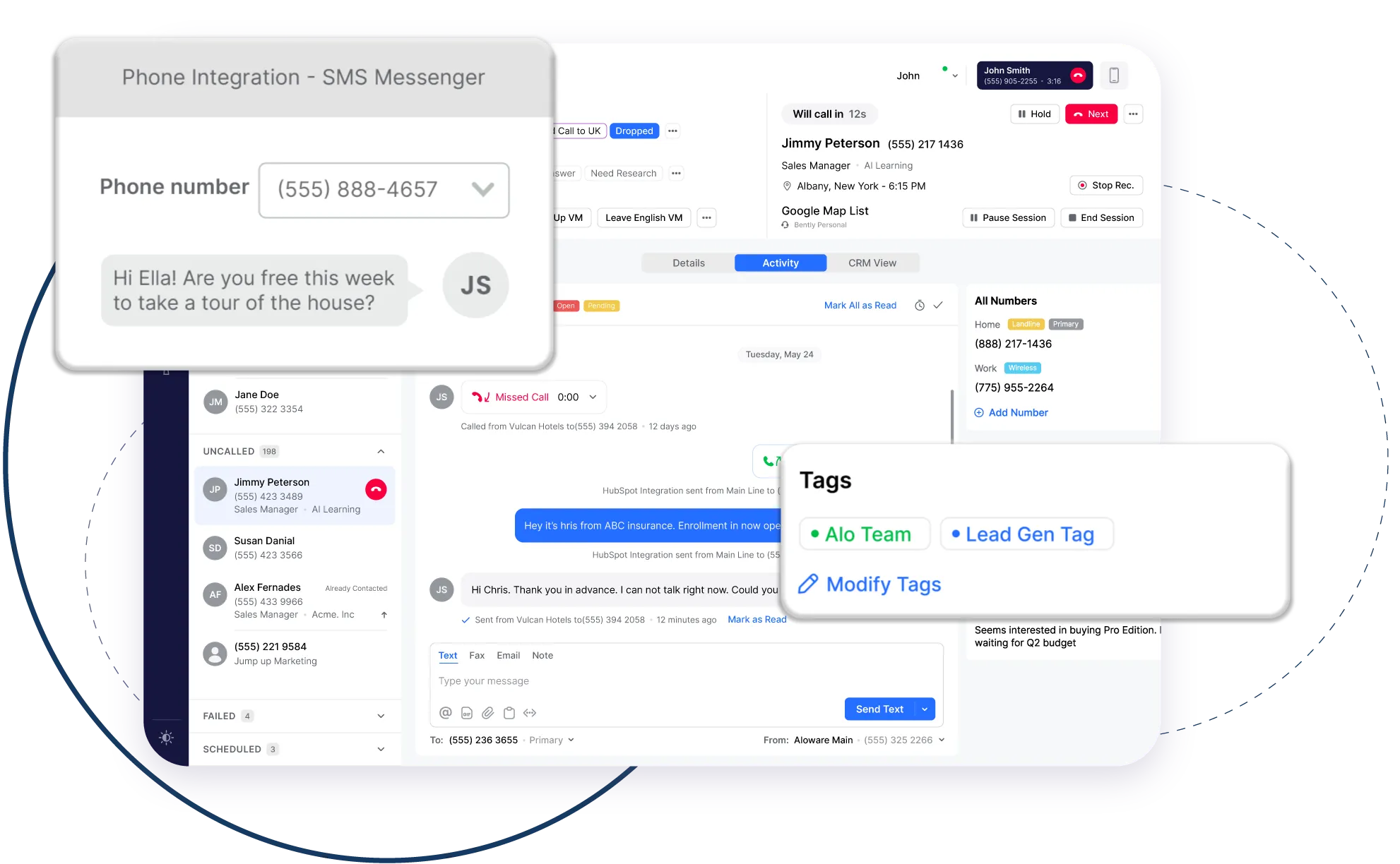CRM interface showing phone integration with SMS messenger, call logs, tags, and messaging features.
