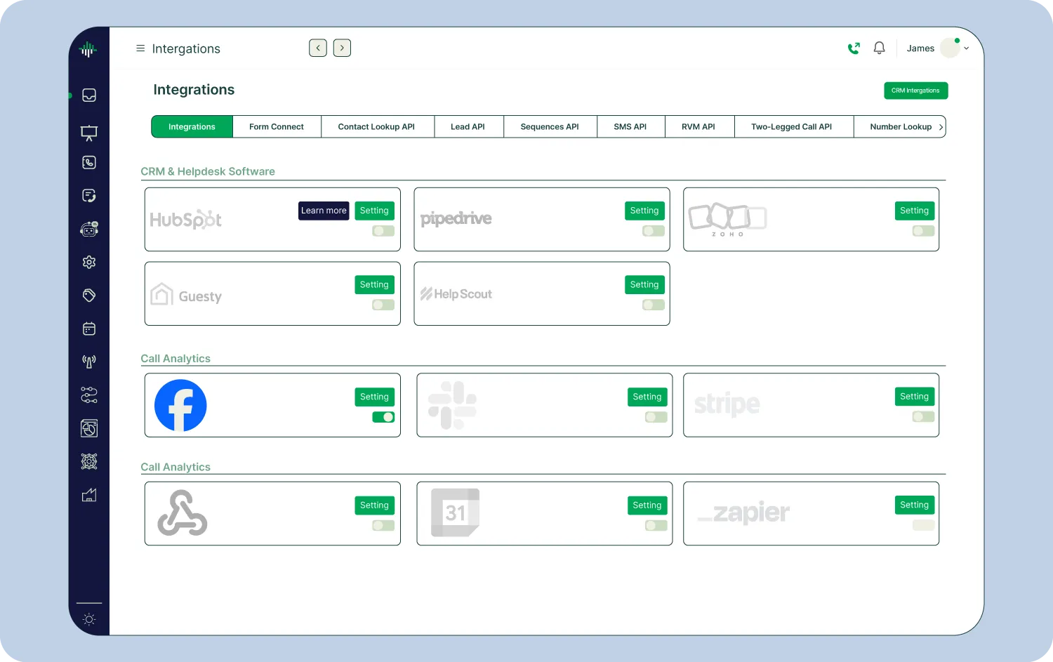 Software integrations dashboard with CRM