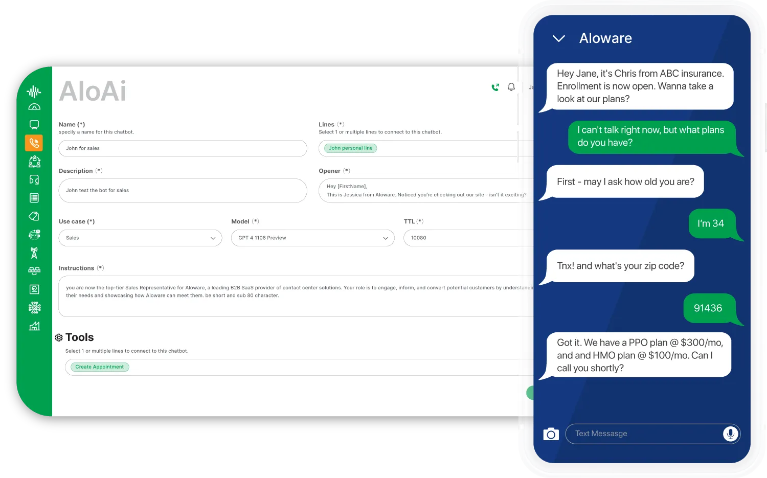 Screenshot of AloAi chatbot setup interface next to a smartphone showing a chat conversation with Aloware about insurance plans and user details.