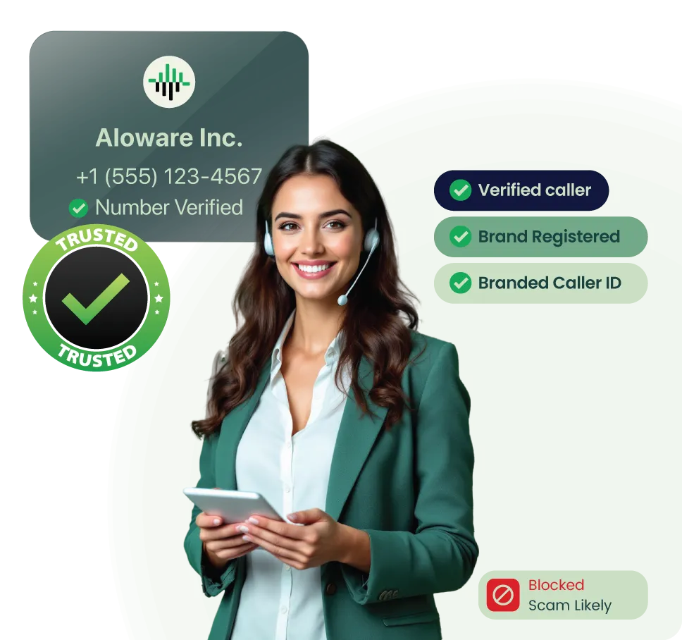 Smiling woman in green blazer wearing headset and holding a tablet, with call verification details including trusted check marks for verified caller, brand registered, and branded caller ID, plus a blocked scam likely warning.