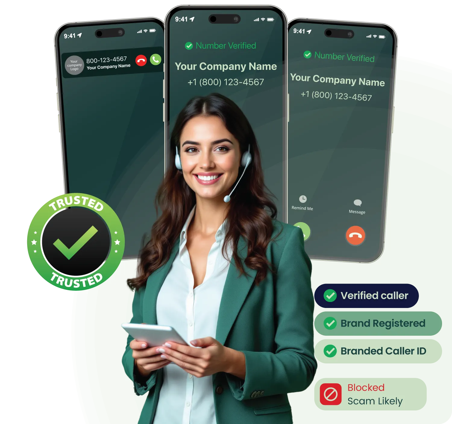 Smiling woman with headset holding a tablet with phone screens showing verified branded caller ID and trust badges.