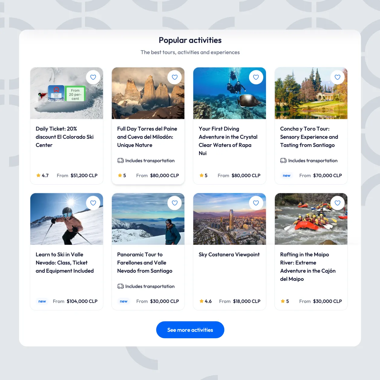 Destination management interface showing activities from 3rd party suppliers.