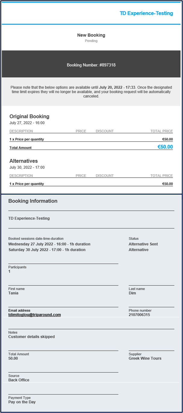 New booking information page