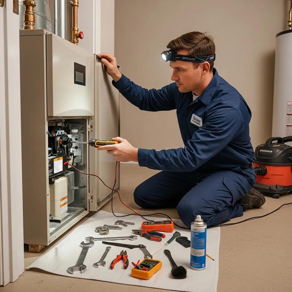 Technician performing maintenance on a heating system, highlighting the importance of regular service