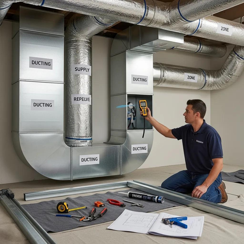 Technician examining ductwork design for HVAC system efficiency