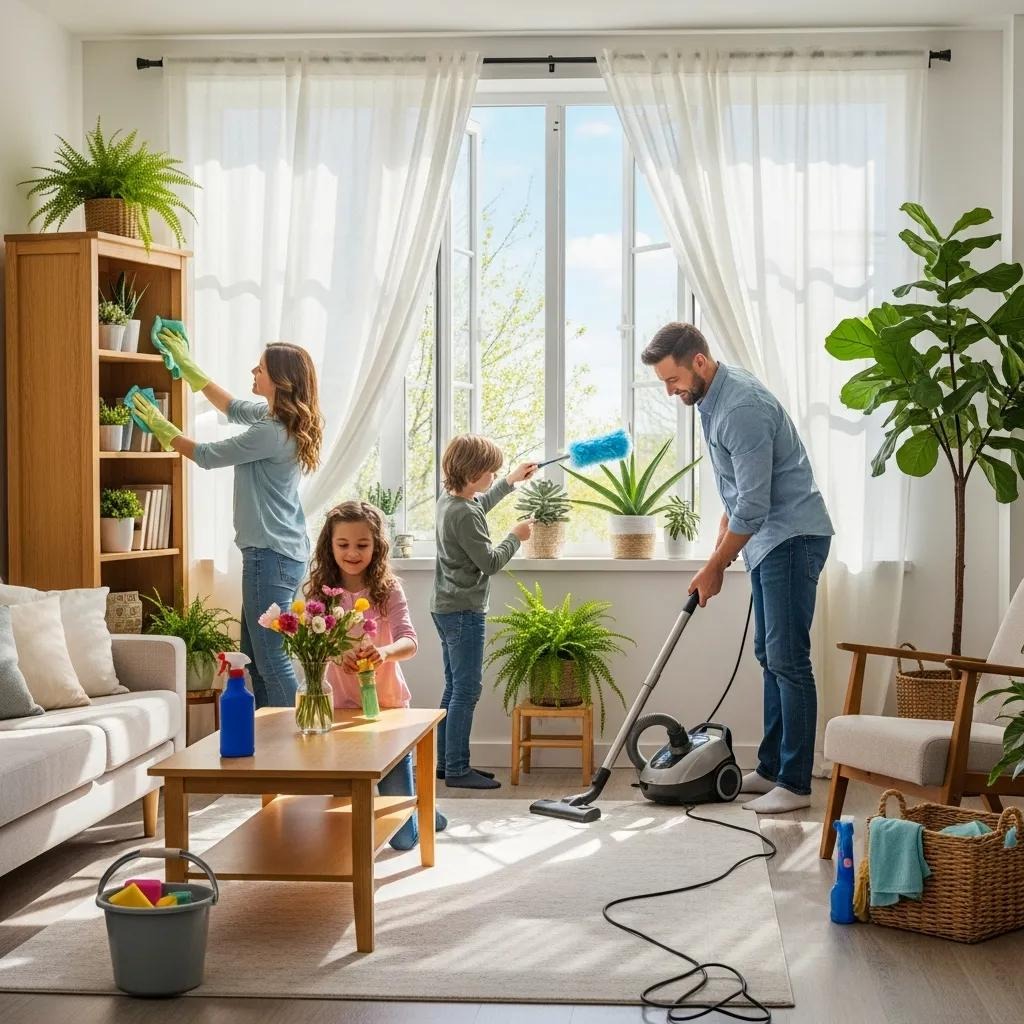 Family spring cleaning in a bright living room to enhance indoor air quality